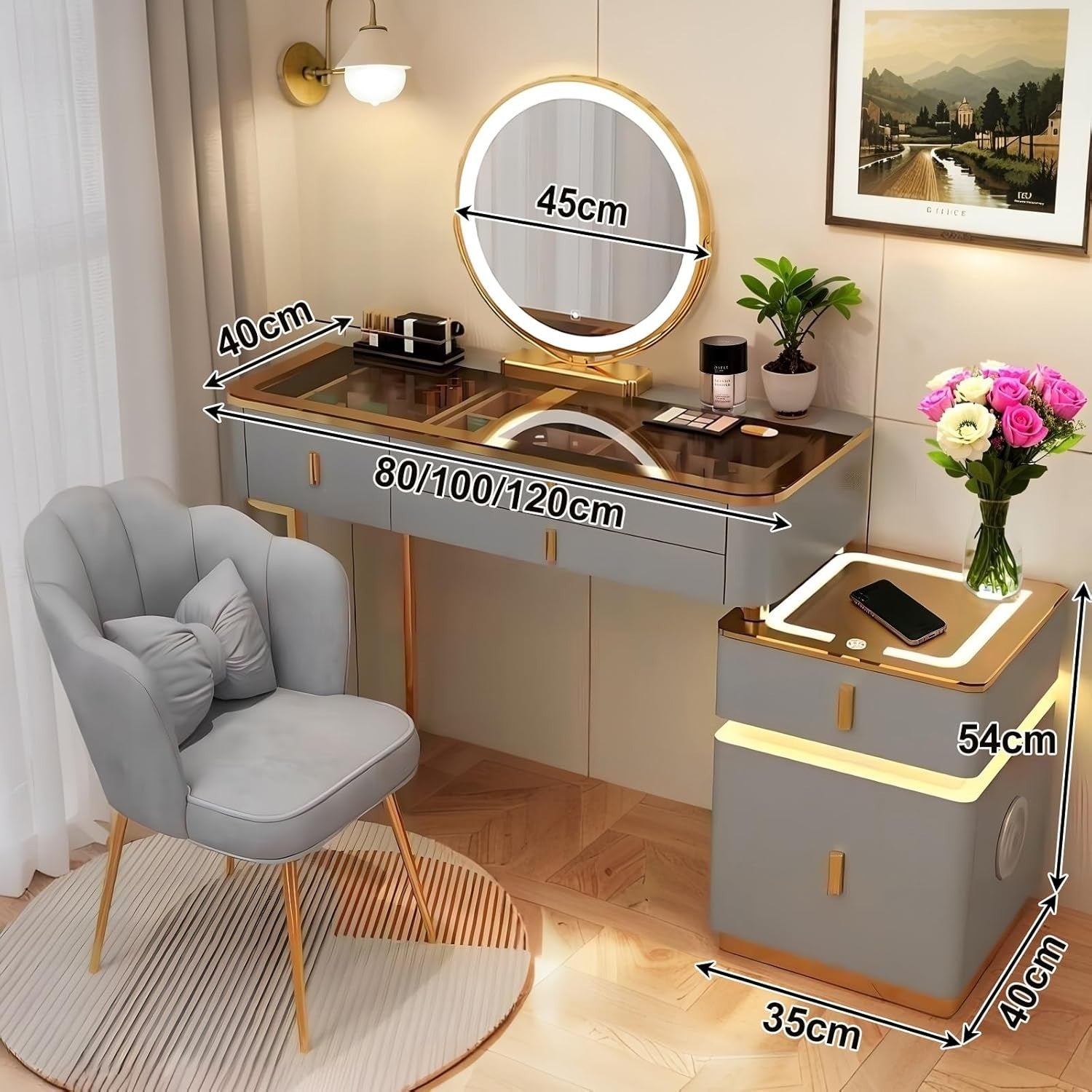 Modern Vanity Dressing Table Set w/ Mirror, Tri-Color LED Lights, Wireless Charg
