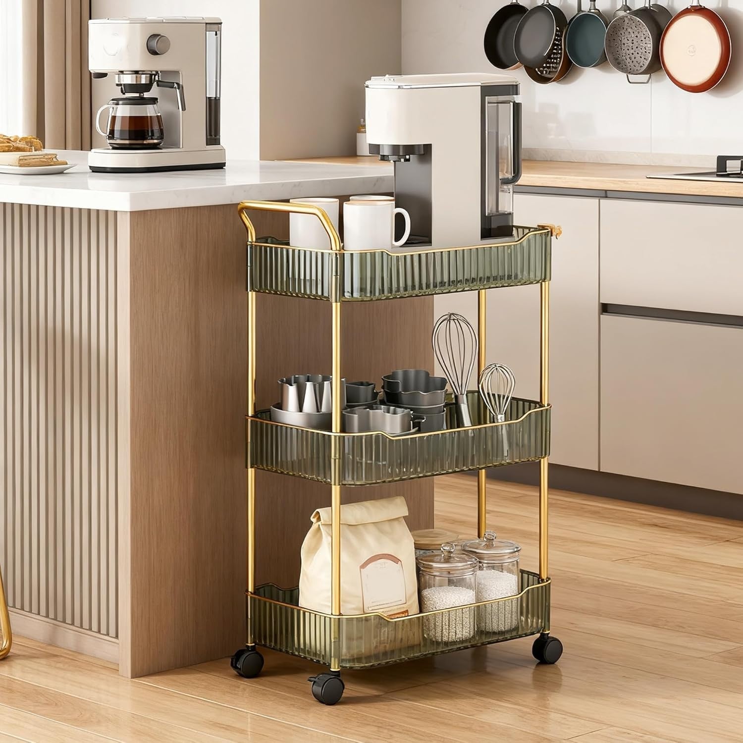 3 Tier Rolling Storage Trolley Acrylic Utility Cart Organizer Green