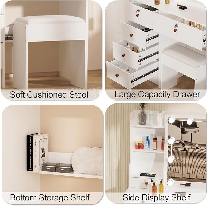 Modern Dressing Table Vanity Set Makeup Desk Mirror Stool Drawers Storage