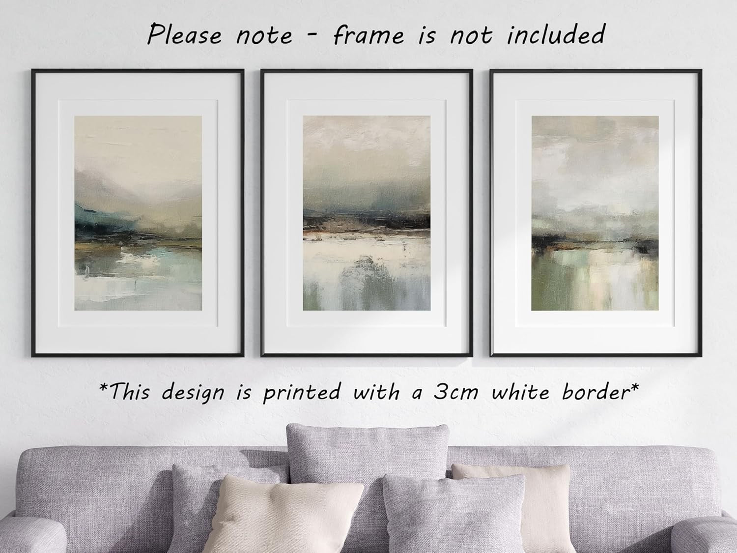 Muted Abstract Landscape Posters Set of 3 A3 Green Grey Wall Art