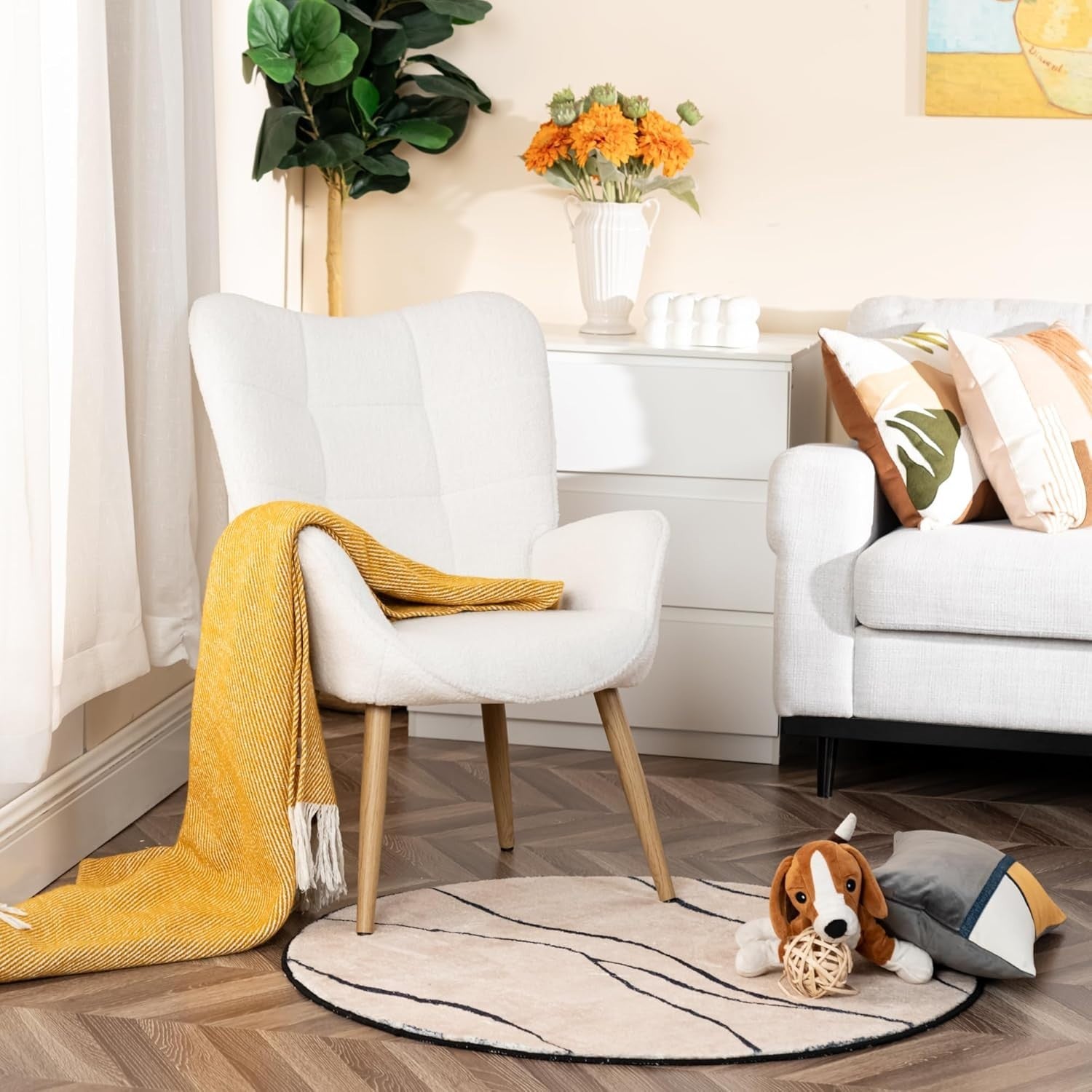 Beige Wingback Armchair Sherpa Fleece Lounge Chair, Padded & Wooden Legs