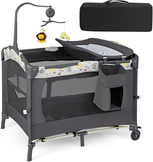 3in1 Baby Travel Cot Foldable Crib with Mattress Basket Changer & Storage Dark