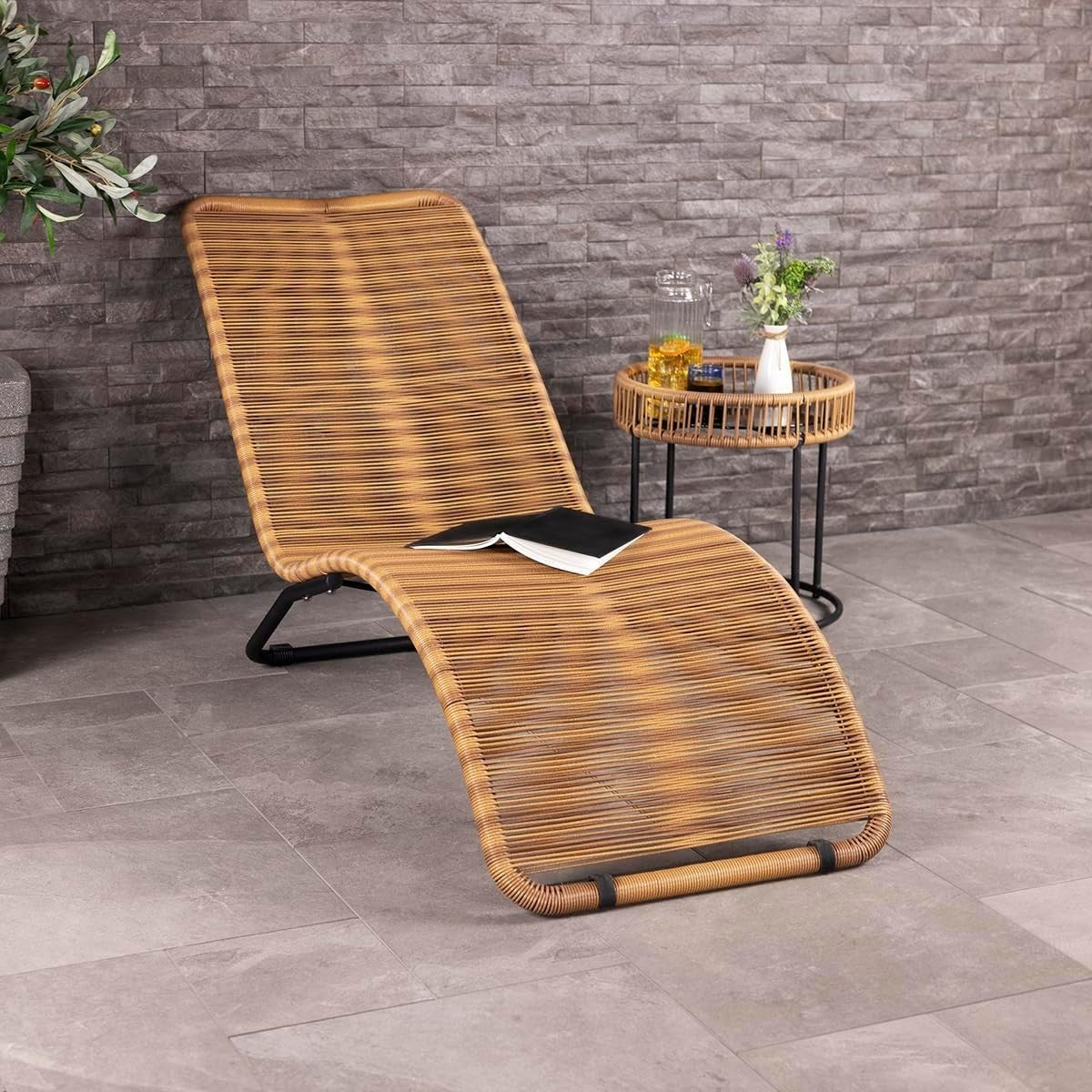 Rattan Garden Sun Lounger Bed – Steel Frame, Outdoor Patio Chair 161cm