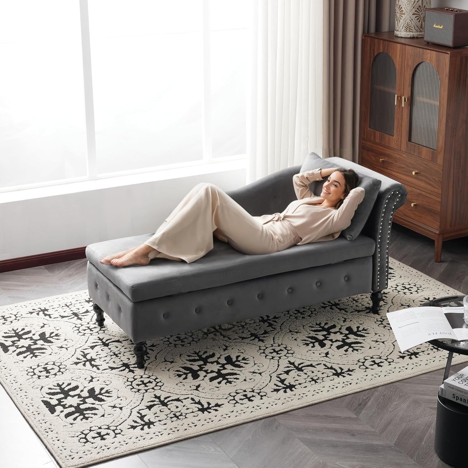 Velvet Chaise Lounge Sofa w/Storage & Pillow Right Armrest Grey Tufted