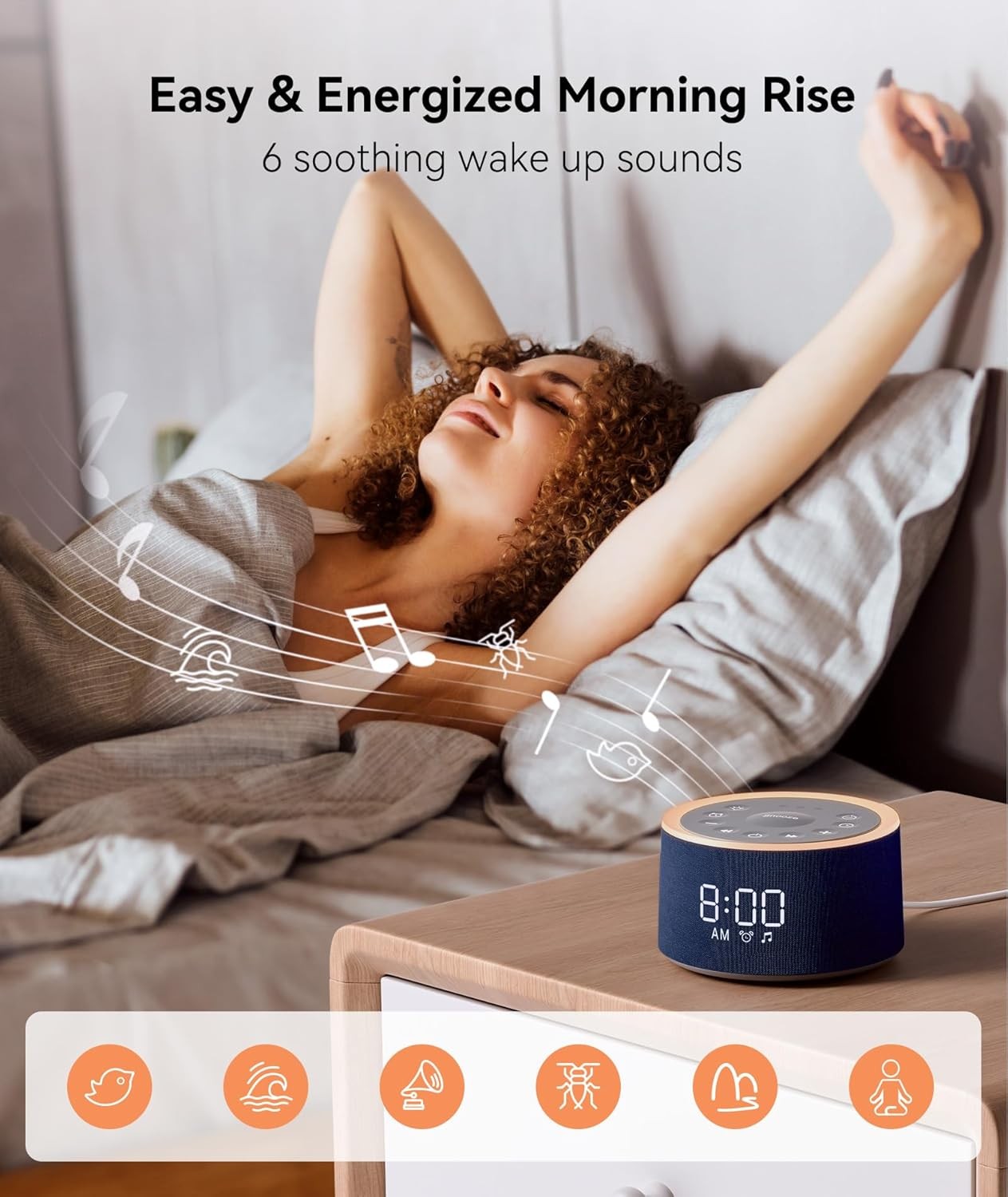 Blue White Noise Machine Alarm Clock Night Light 29 Sounds Dimmable