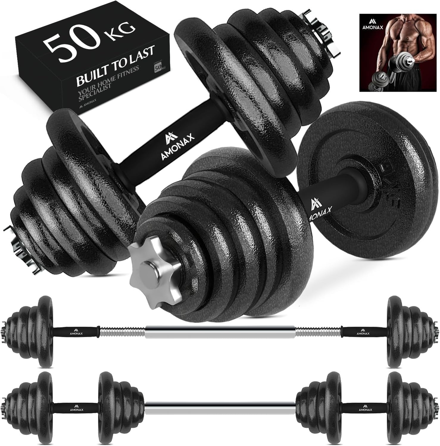 50kg Adjustable Cast Iron Dumbbell Barbell Set Spinlock Home Gym Weights