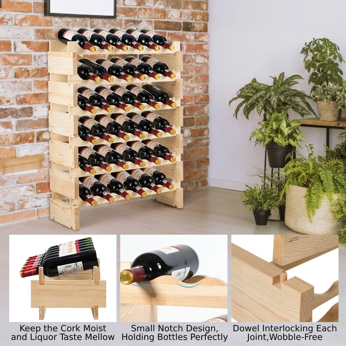 6 Tier Wooden Wine Rack for 36 Bottles Stackable Storage Shelf Home Bar