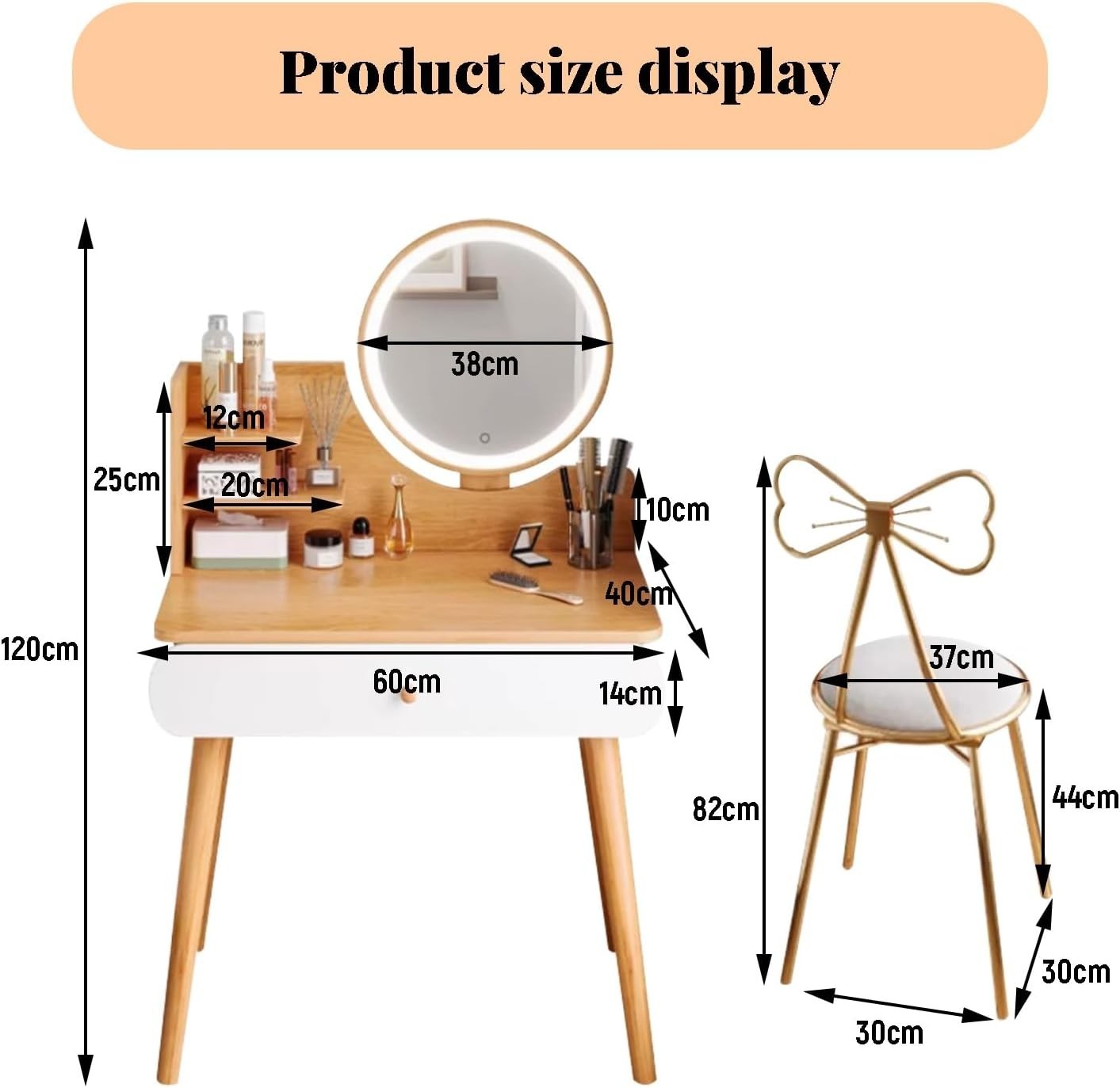 Maple Wood 1-Drawer Vanity Desk Makeup Table LED Mirror Storage Cabinet