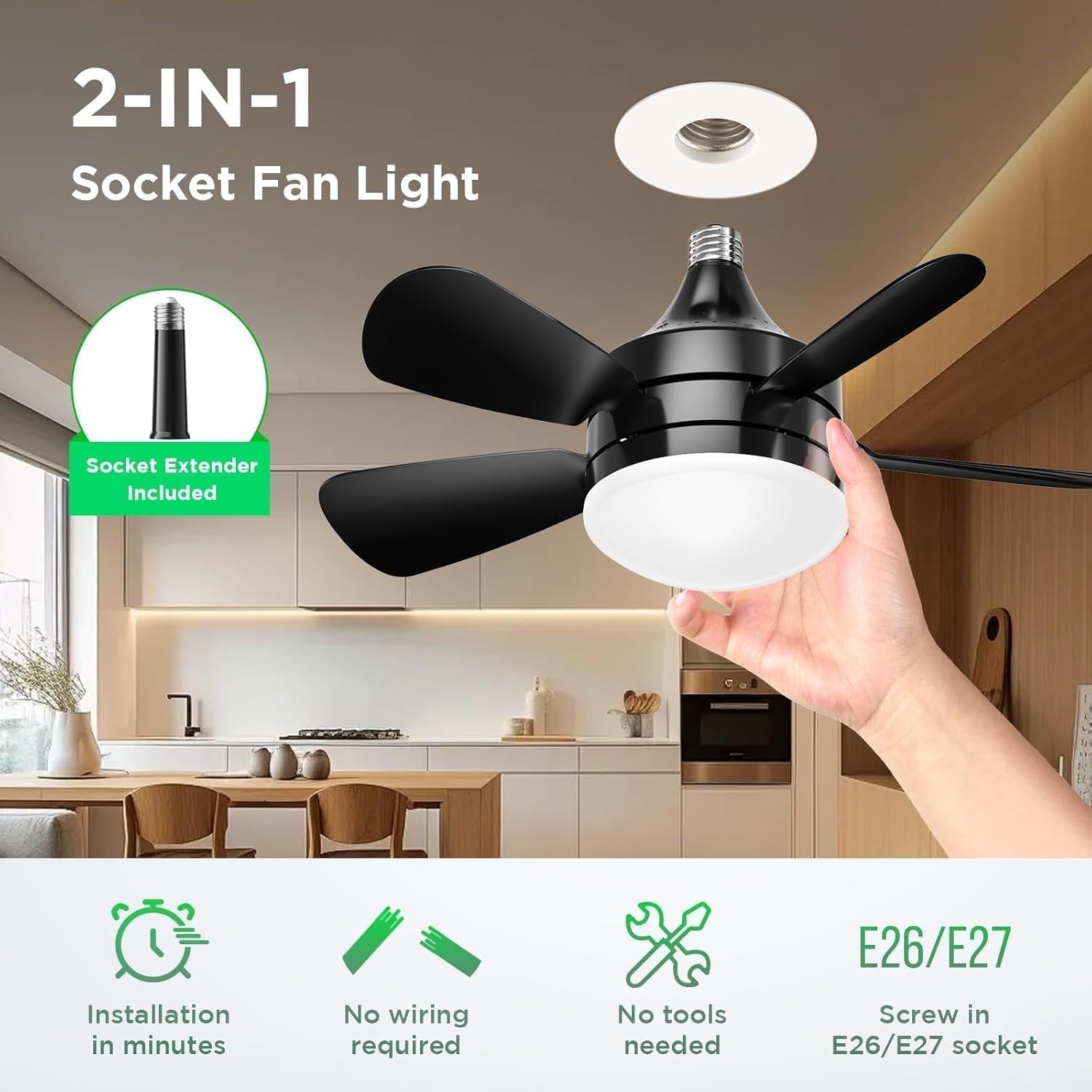BOBOPAI Small Ceiling Fan with Light, 3 Retractable Blades, Dimmable LED