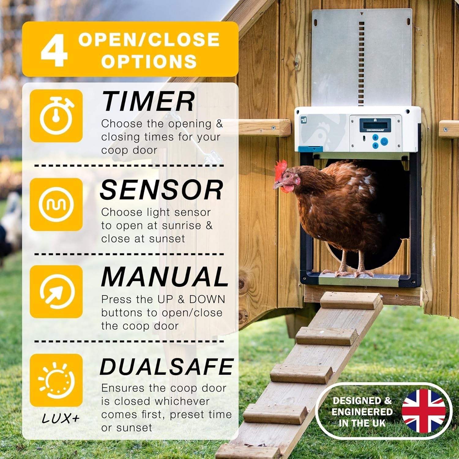 Automatic Chicken Coop Door Opener Green Battery Timer Light Sensor Winter Mode