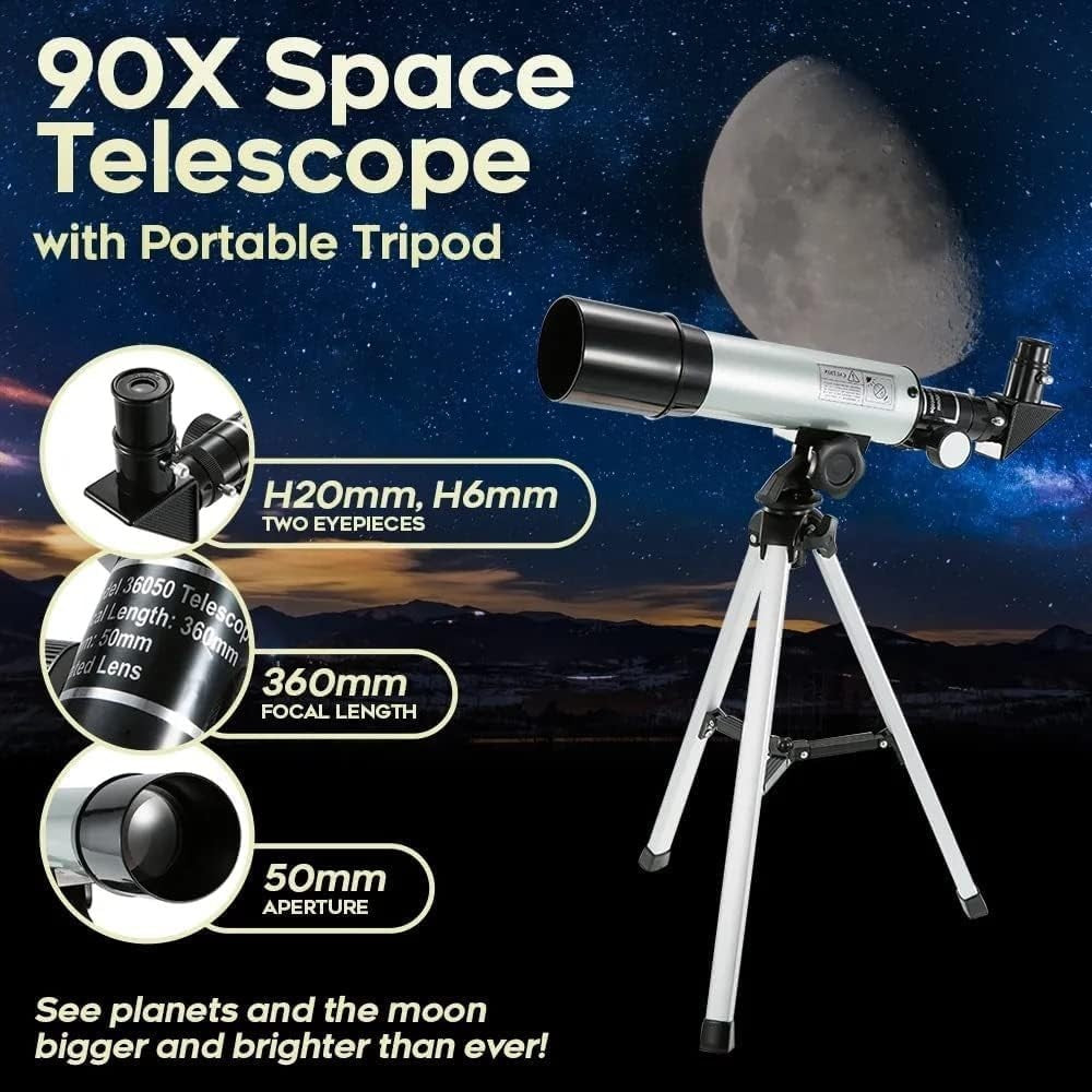 50mm Refractor Telescope 360mm for Kids & Beginners with Tripod, Blue