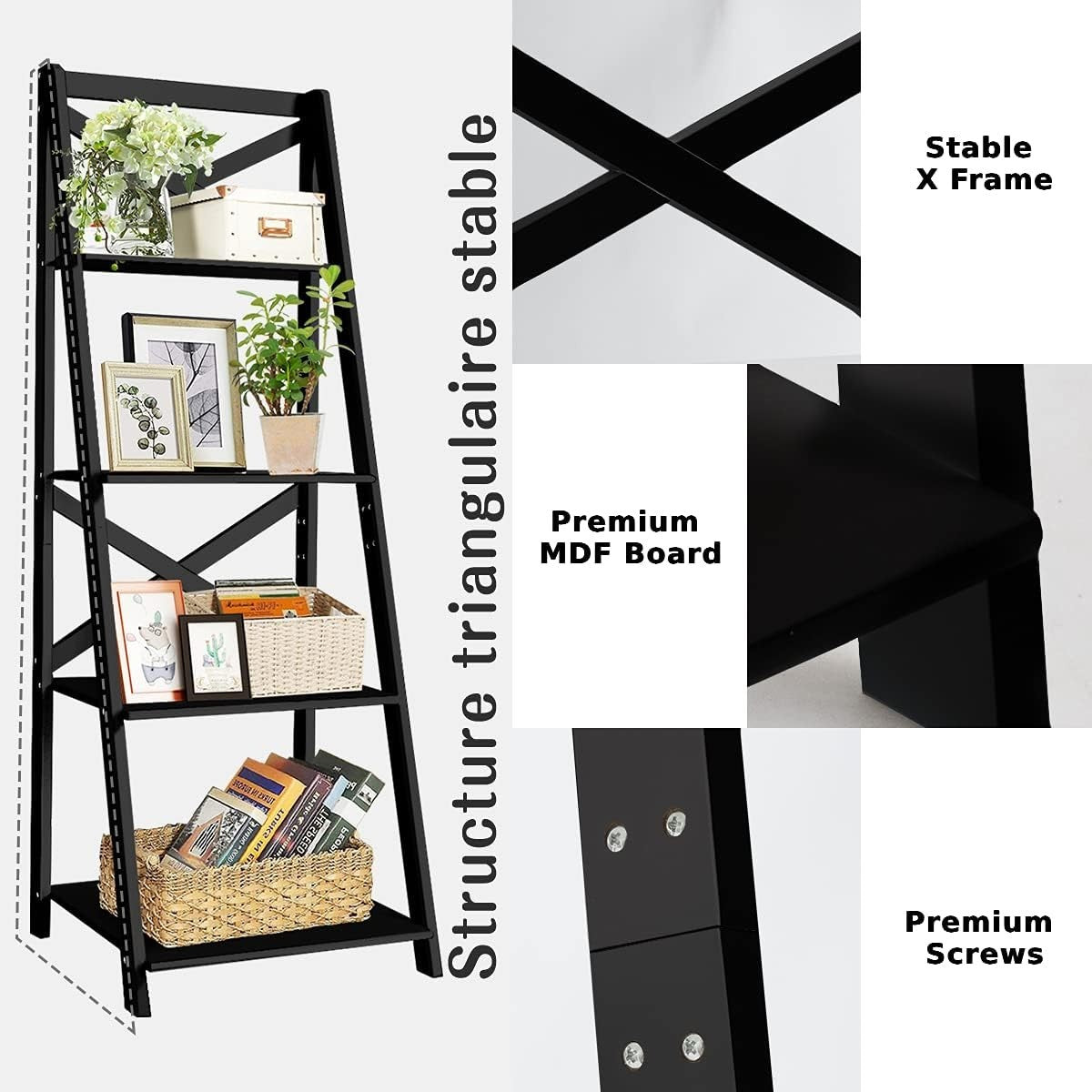 Modern 4 Tier Ladder Shelf Bookcase Leaning Display Storage Unit Black