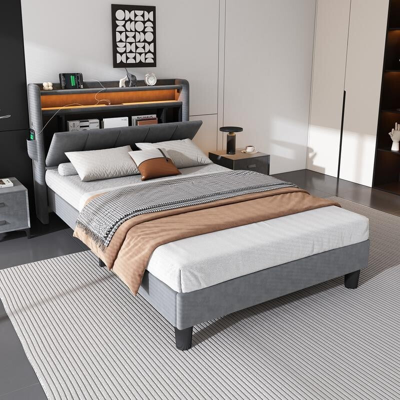 Single Bed 3FT Grey Velvet USB Charging LED Light Storage Bed for Teen Kids