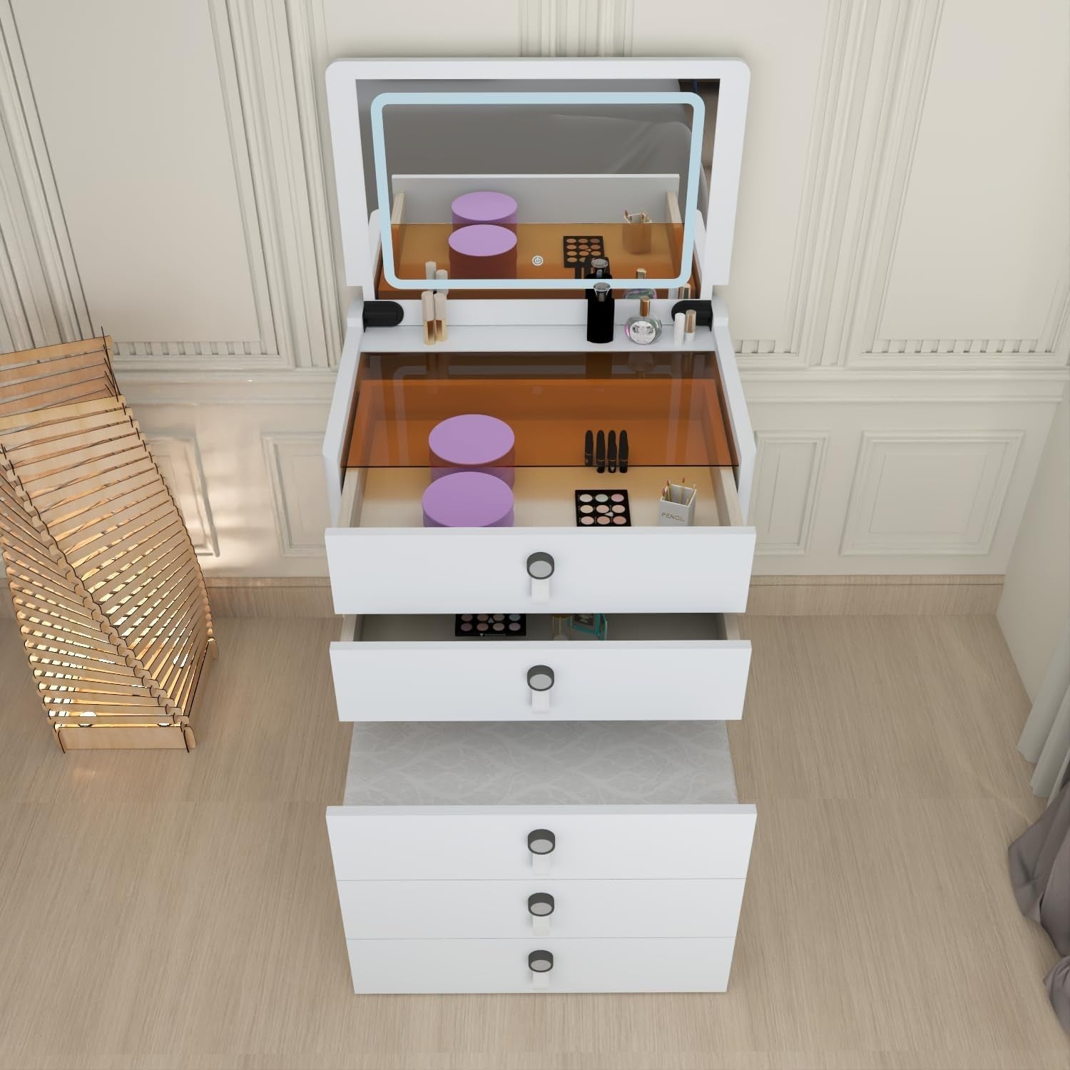White High Gloss Dressing Table Desk 5 Drawer Flip Mirror Storage Stool 95cm