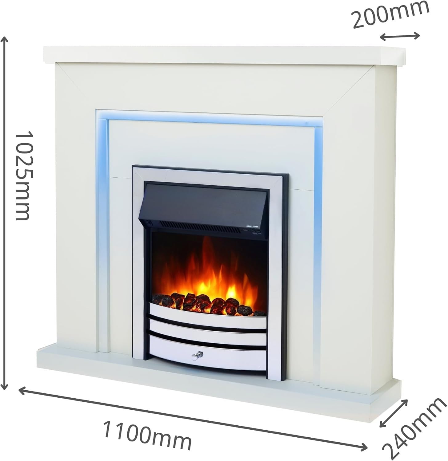 42" LED Electric Fireplace Suite White Surround Chrome Fire Remote Heat