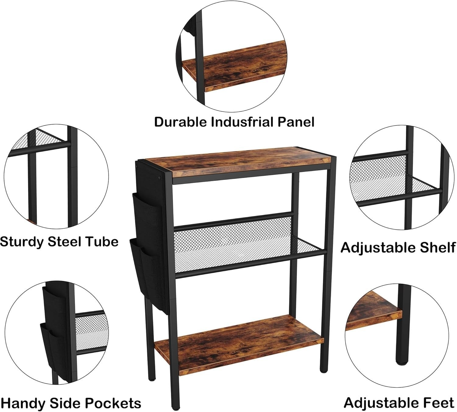 Slim 3-Tier Rustic Side Table with Storage Bag – Narrow Sofa Bedside Unit