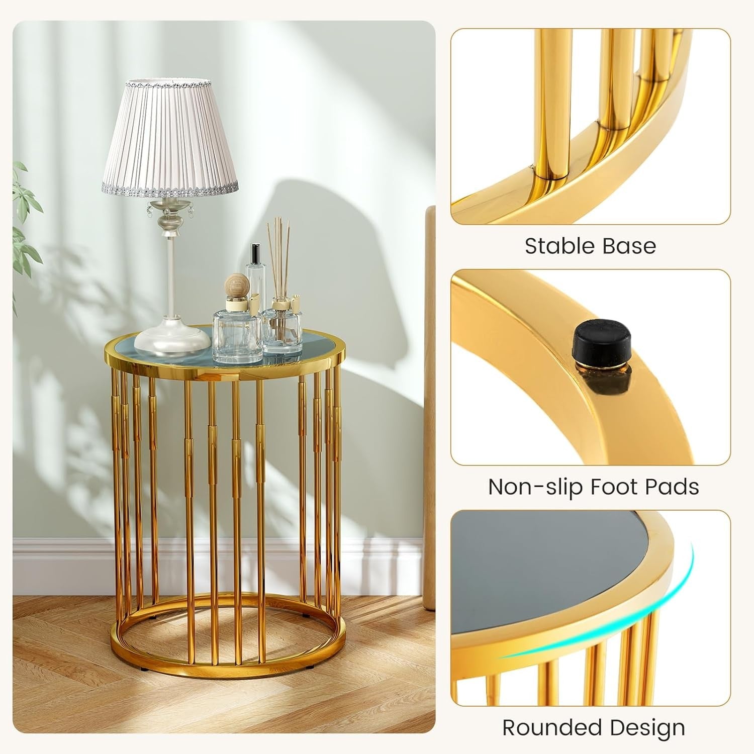 Round Gold Side Table with Glass Top | Modern Accent Sofa End Table 40cm