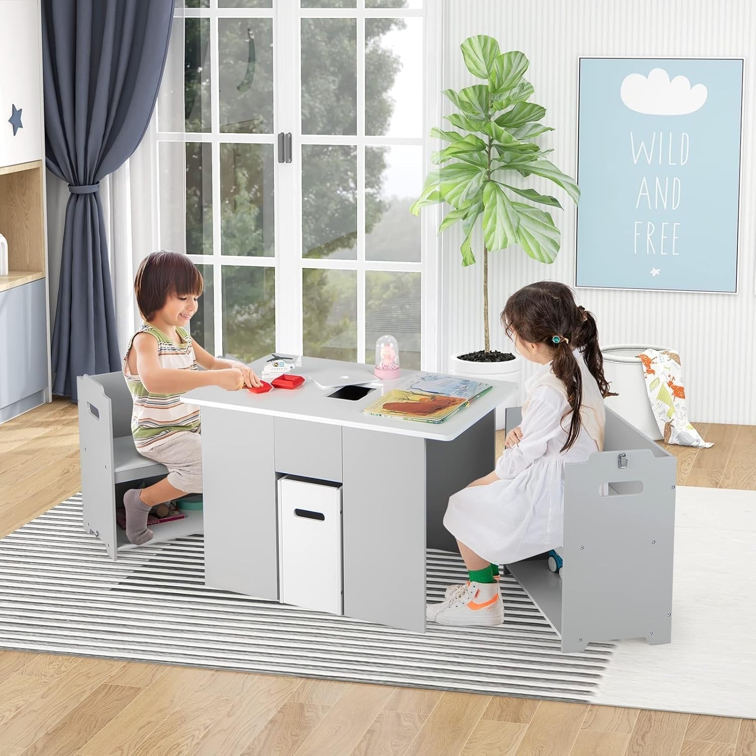Kids Activity Table & Chair Set with Storage, Stackable Chairs, Grey & White