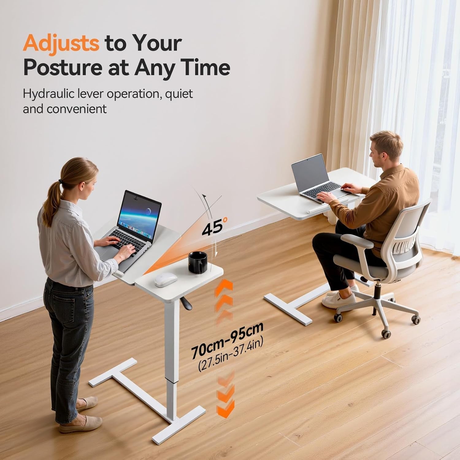 Overbed Laptop Table Height Adjustable Rolling Desk Tilting Top 80x40cm