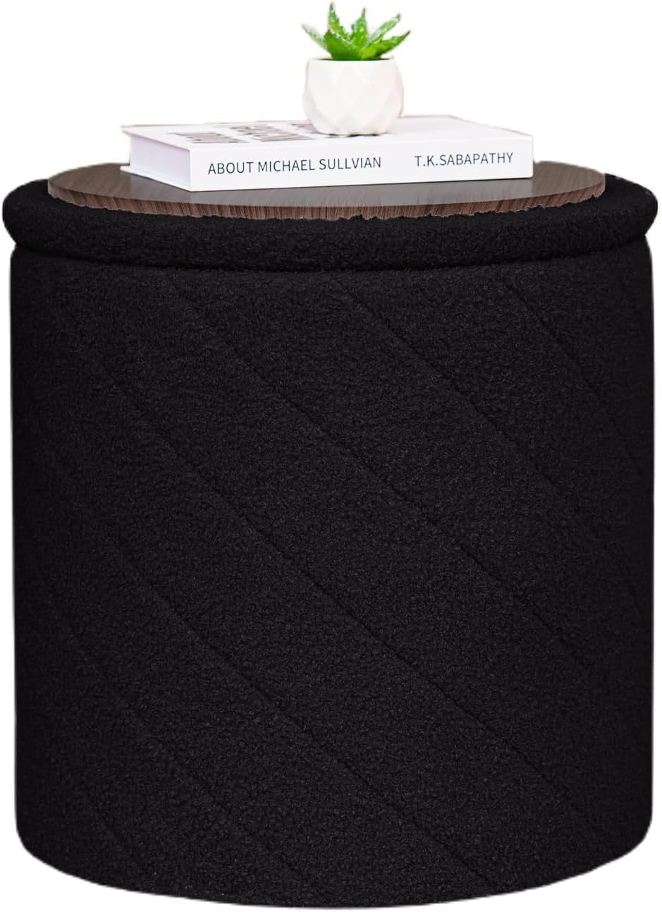 Black Round Storage Ottoman Footstool 3-in-1 Seat with Lid 43x43x45cm