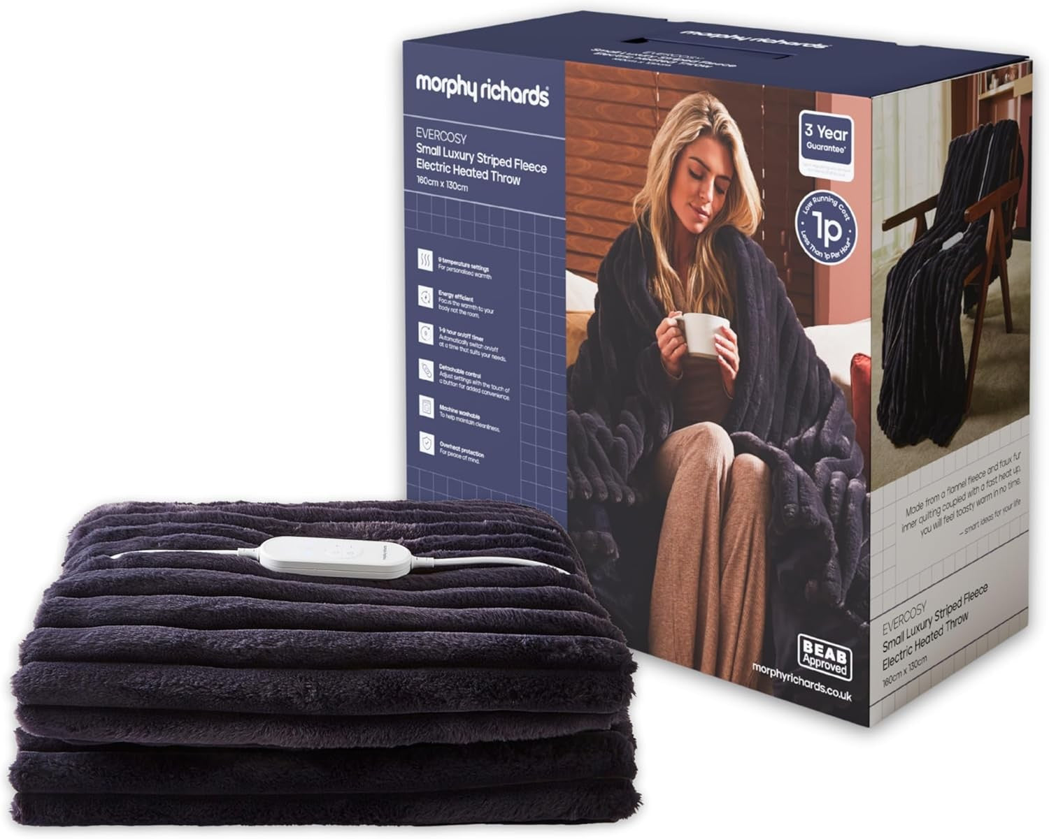Electric Heated Throw Navy Blanket 160x130cm Teddy Fleece 9 Heat Washable