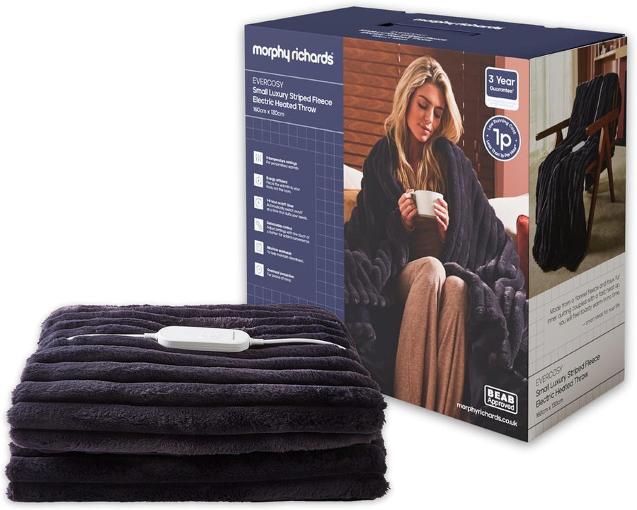 Electric Heated Throw Navy Blanket 160x130cm Teddy Fleece 9 Heat Washable