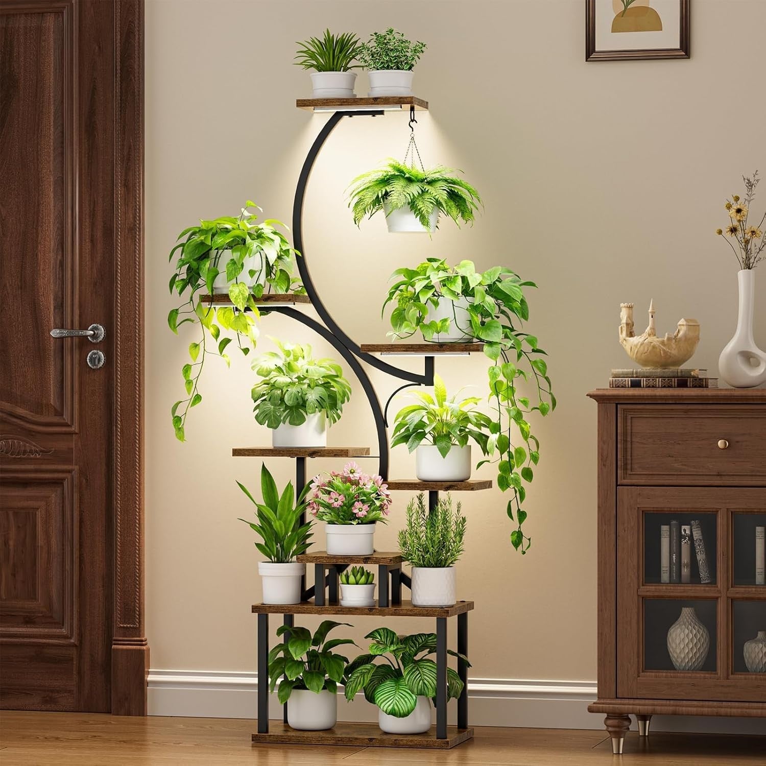 8 Tier Metal Plant Stand with Grow Lights Indoor Outdoor Flower Shelf 157cm