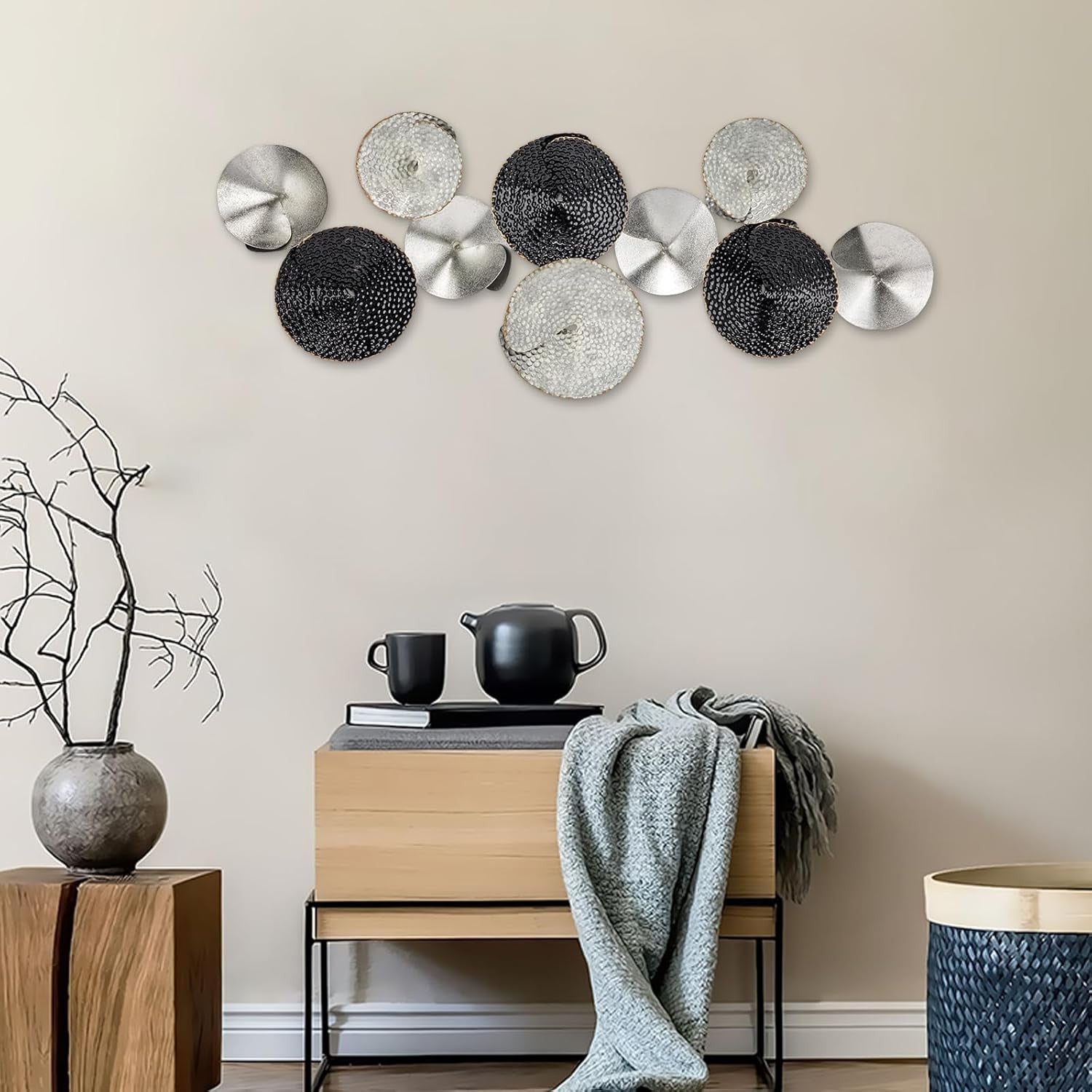 3D Metal Circle Wall Art Black Silver 104x39cm Modern Decor