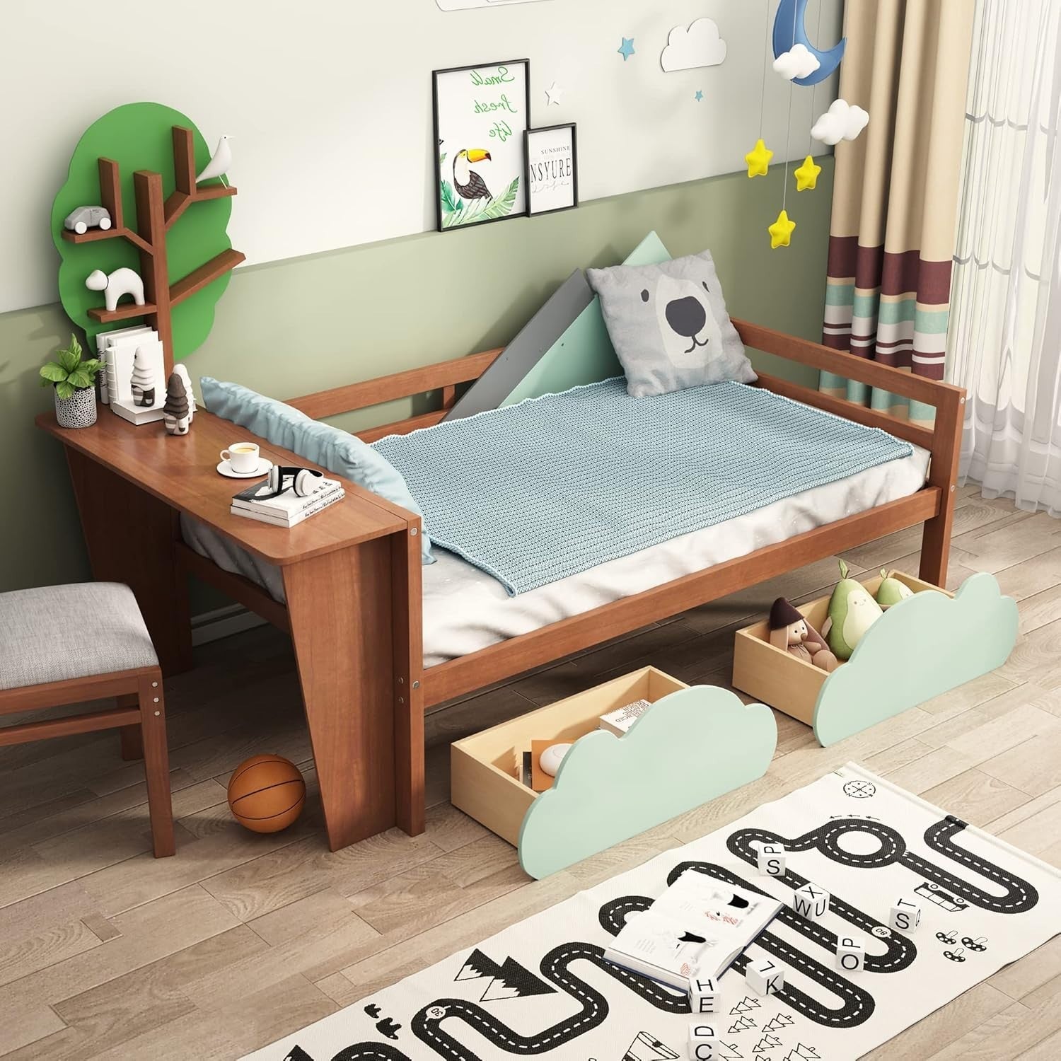 Kids Bed with Storage Drawers & Desk 3FT Toddler Tree Shelf 90x190cm