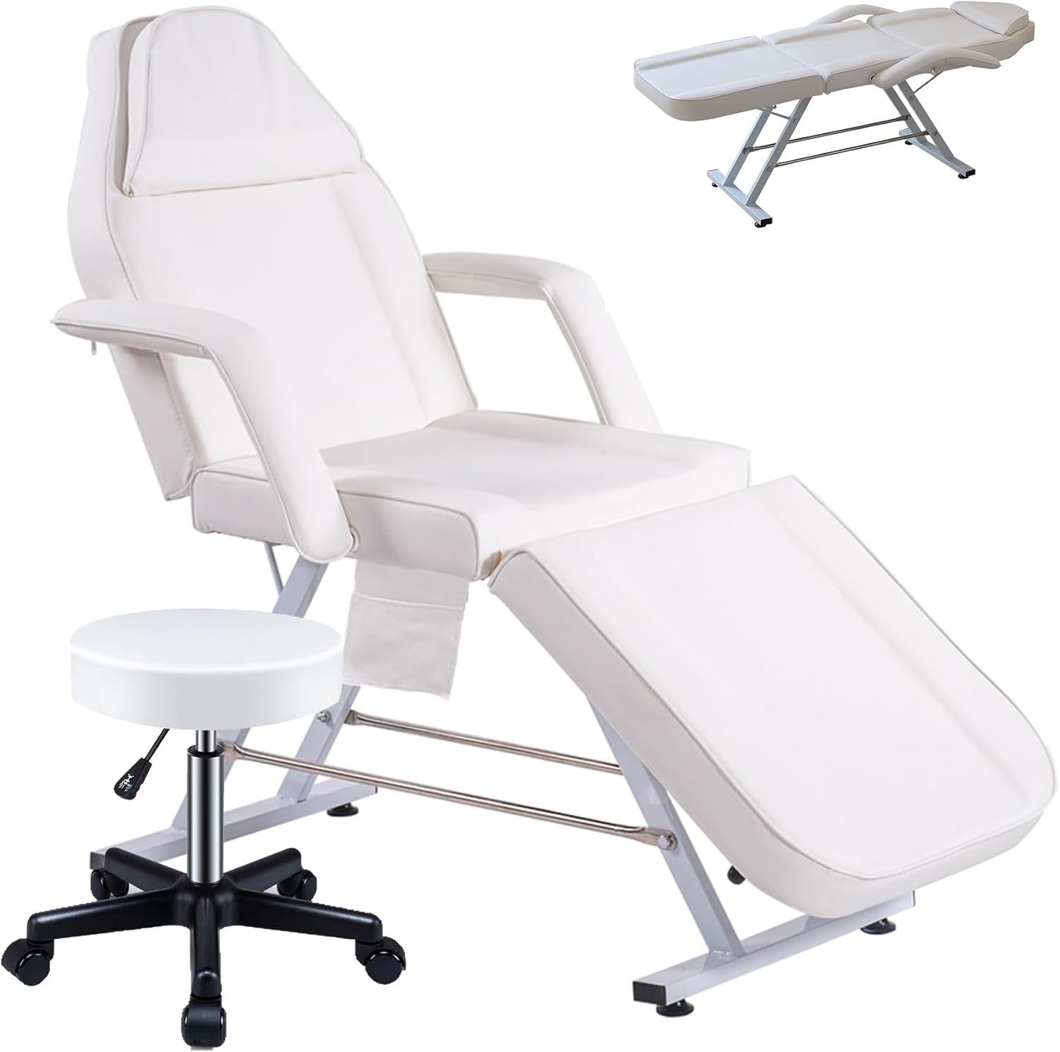 Adjustable 3-Section Beauty Massage Bed w/ Head Cushion & Swivel Stool White