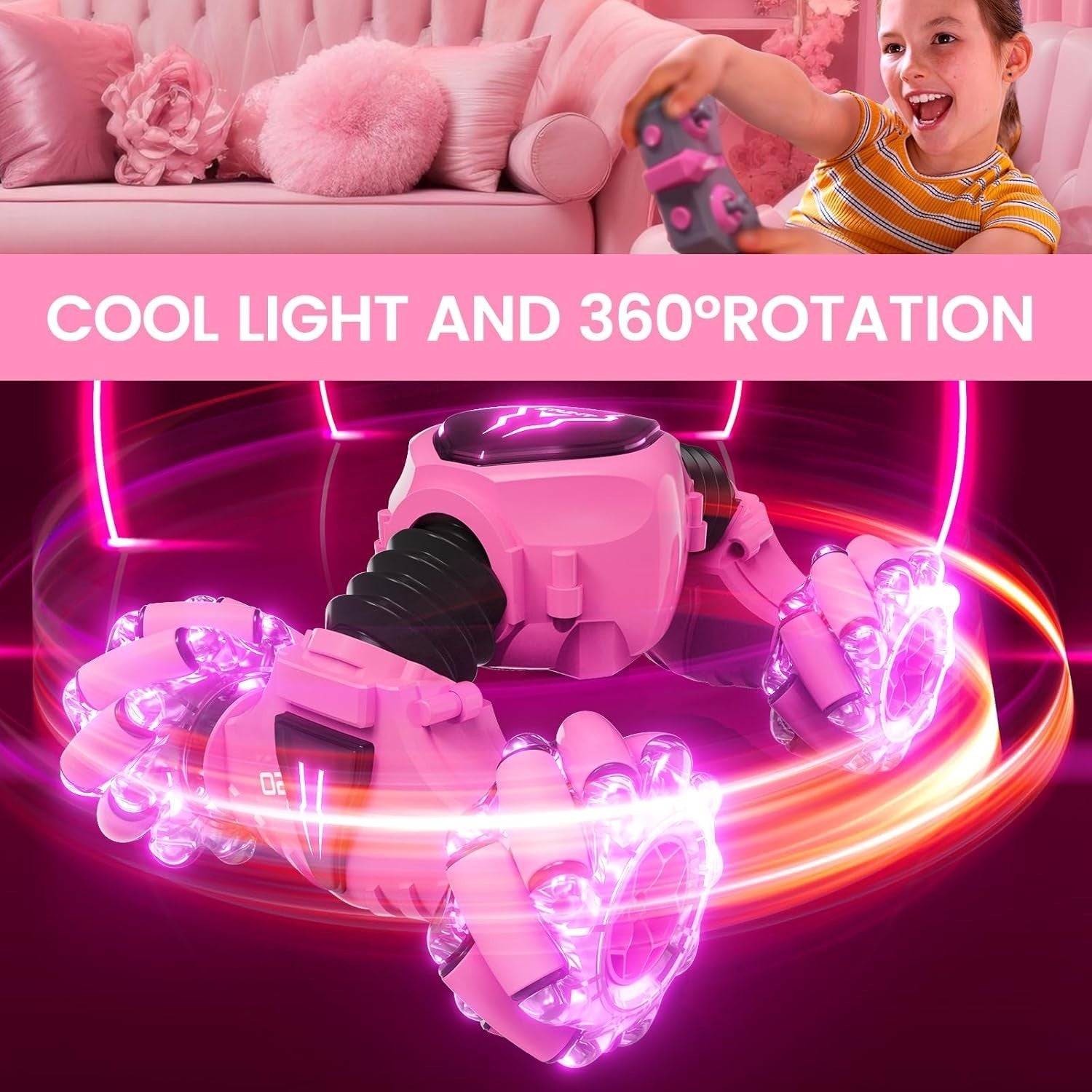 Hand Control RC Stunt Car 4WD 360° Drift Car w/ Lights & 3 Batteries