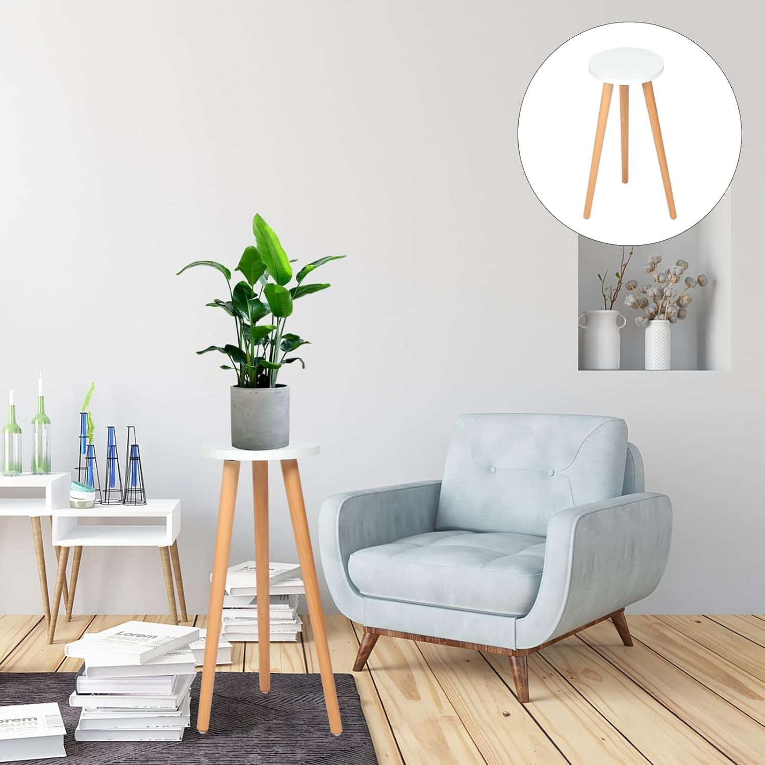 Wooden Plant Stand Indoor Round Side Table Flower Pot Holder Modern 52x20cm