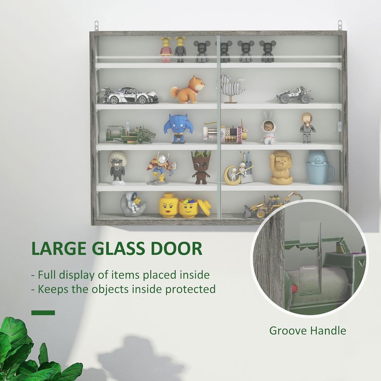 5-Tier Grey Wood Display Cabinet | Wall-Mounted Glass Sliding Door Shelf 60×80cm