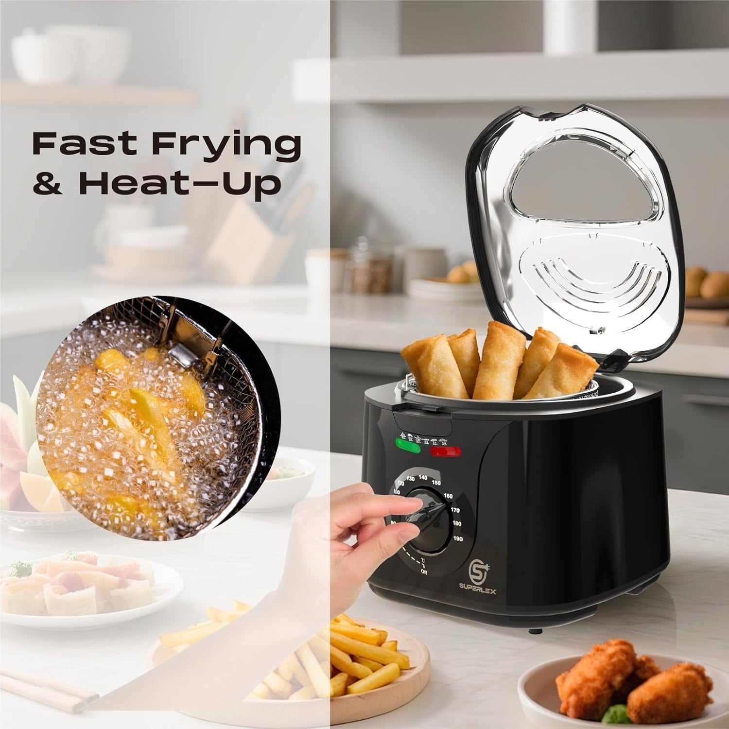 Electric Deep Fat Fryer 2L Mini 1300W Adjustable Temp Viewing Window Black