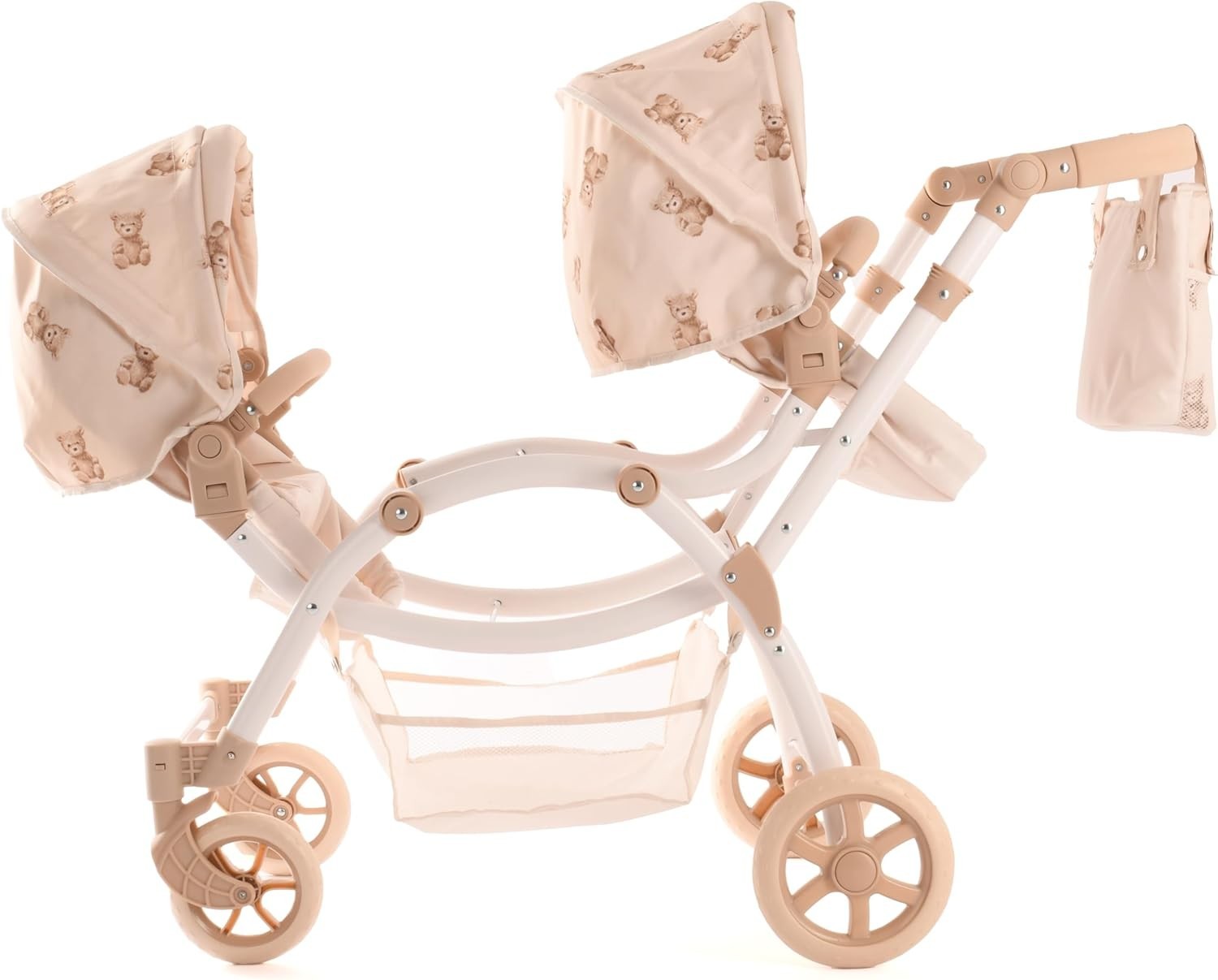 Twin Dolls Pram Adjustable Handle 50–88cm, 2 in 1 Carrycot Seats, Cream