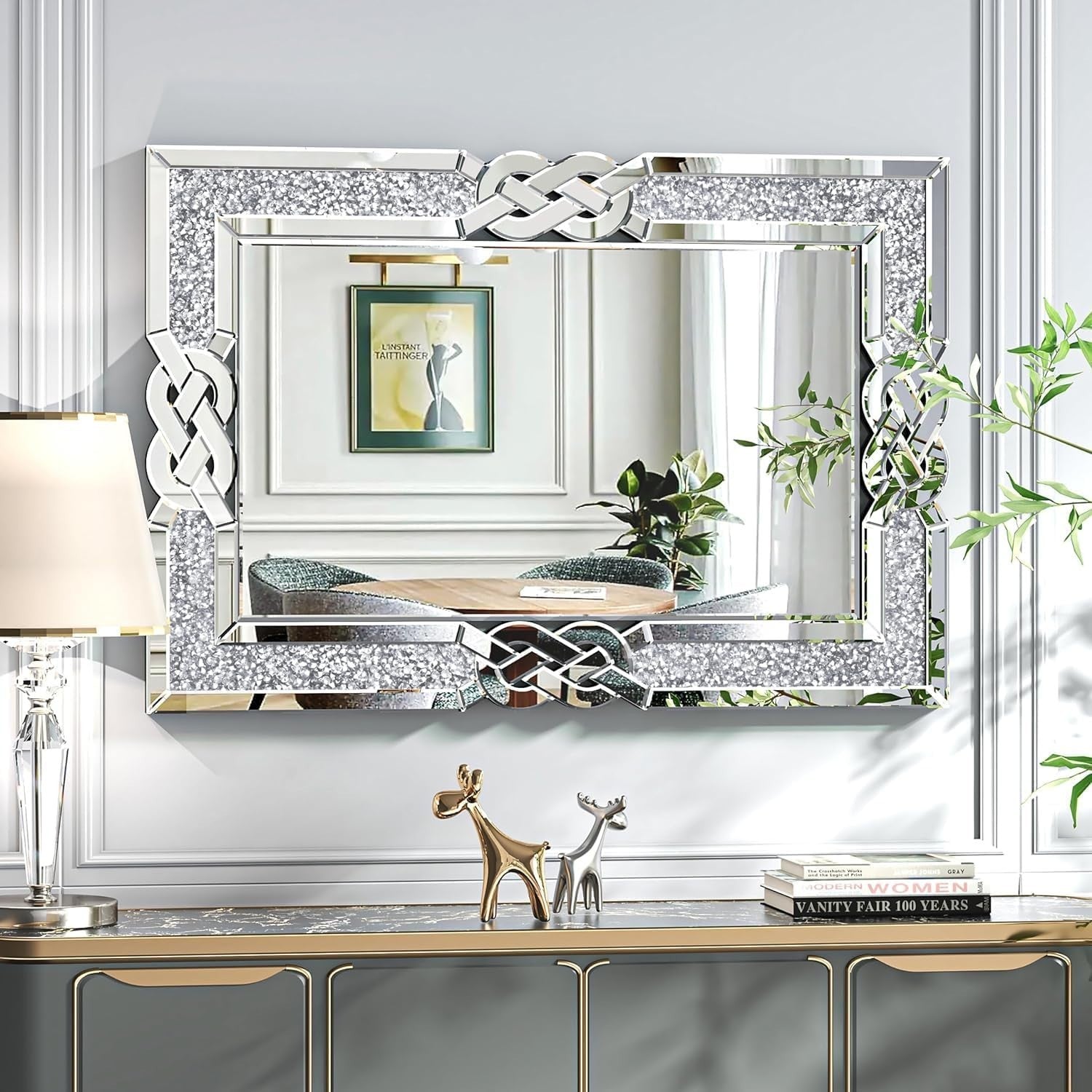 Large 120x80cm Silver Crushed Diamond Wall Mirror with Art Deco Frame