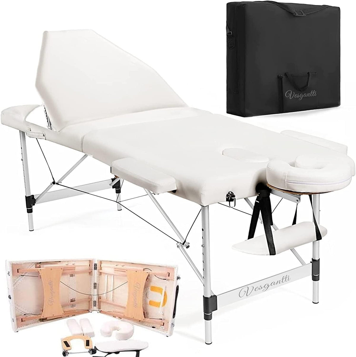 Portable 3 Section Massage Table Aluminium Foldable Therapy Bed 60cm Beige