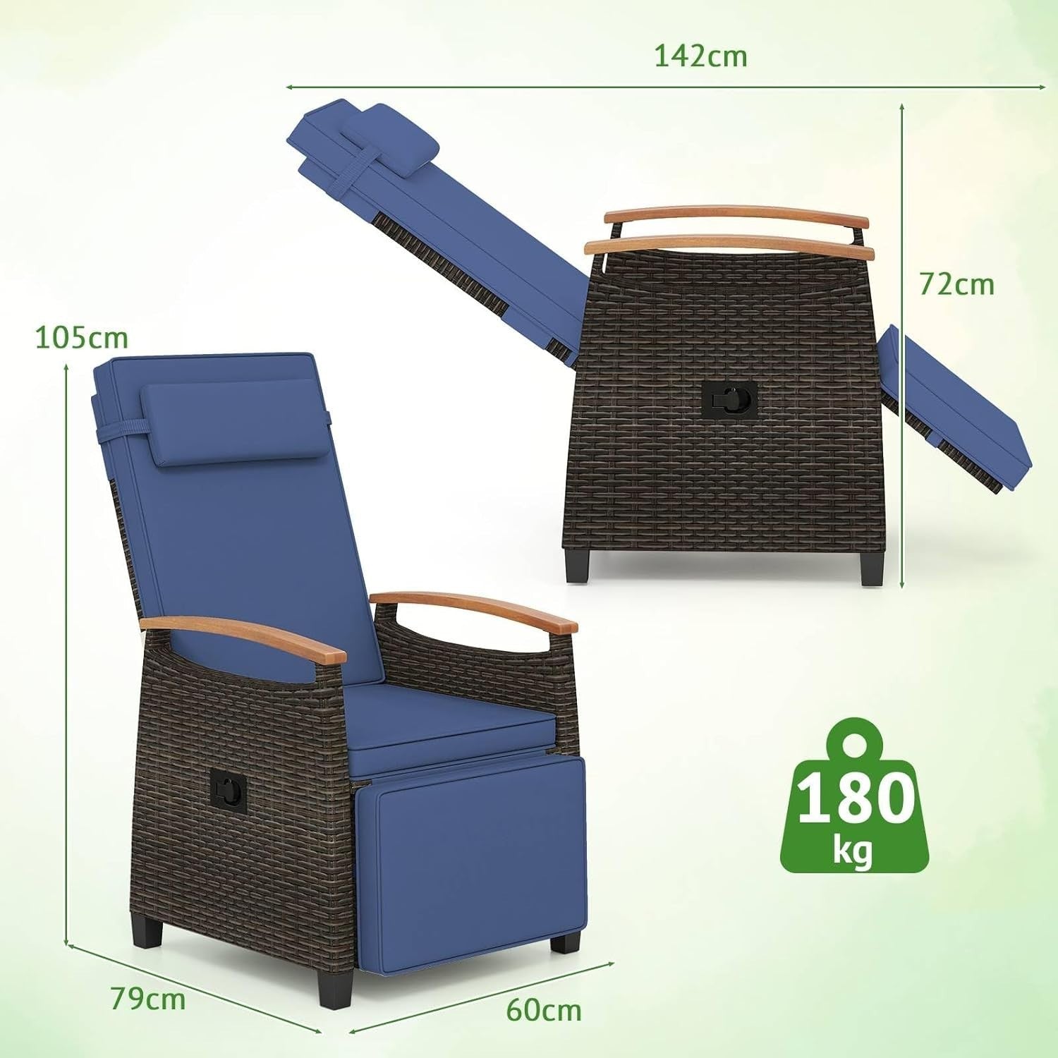 Adjustable Rattan Recliner Chair Cushioned Sun Lounger with Footrest