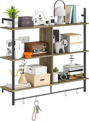 Wall Mounted Ladder Shelf 3-Tier Display Rack with Hooks – Rustic Grey Wood
