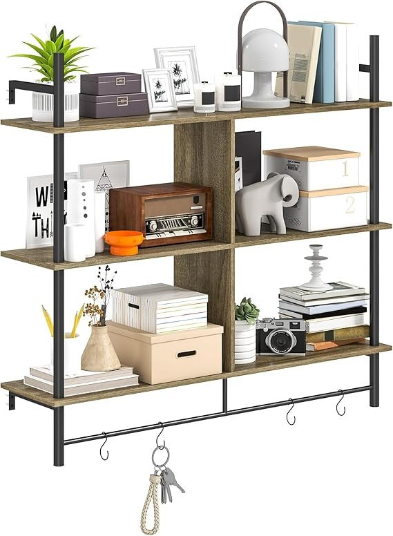 Wall Mounted Ladder Shelf 3-Tier Display Rack with Hooks – Rustic Grey Wood