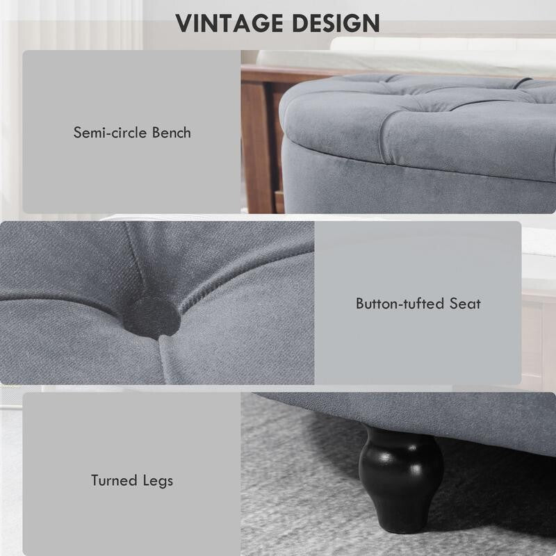 Velvet Storage Ottoman Bench Semi-Circle Bed End Stool Seat Grey Wood Legs