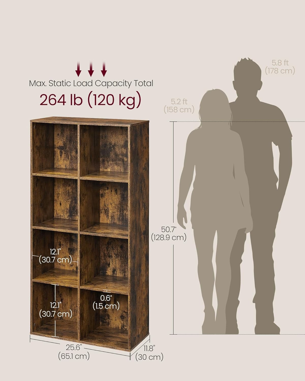 8-Cube Rustic Bookcase | Tall Storage Shelf for Living Room Office Bedroom