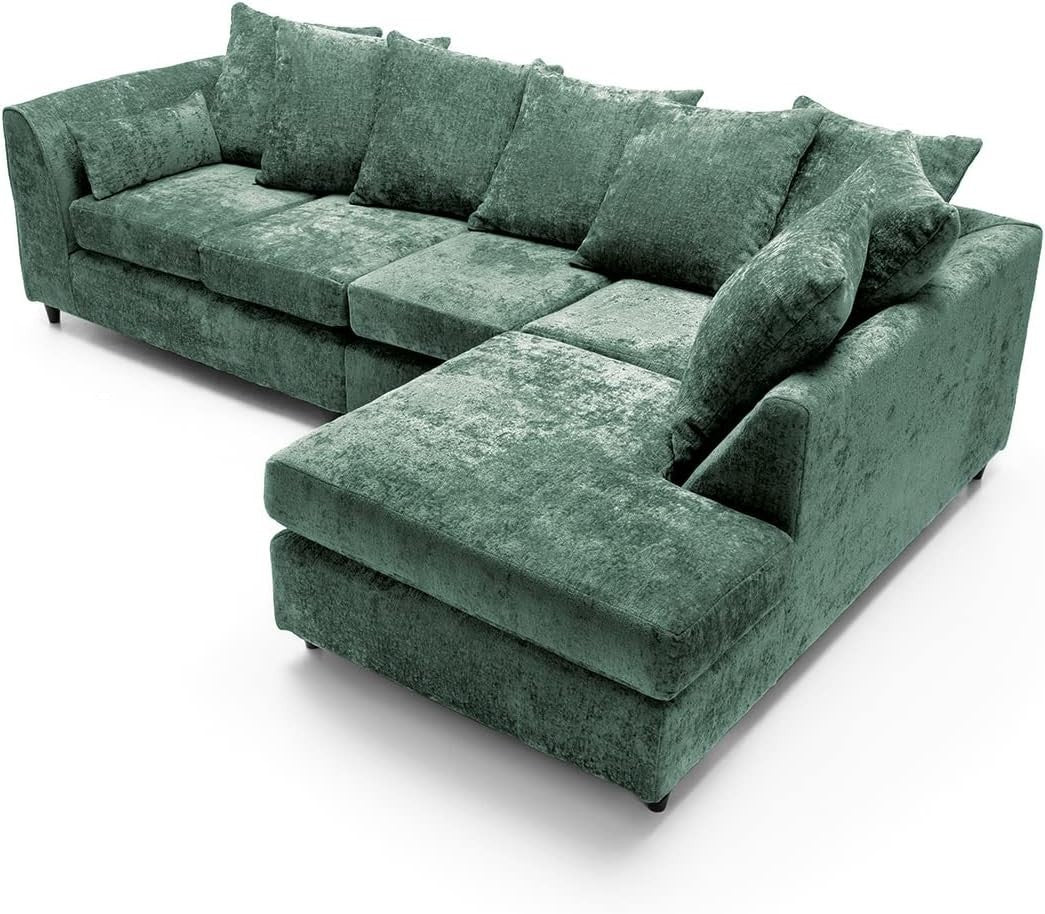 Large Green Chenille Corner Sofa – Right Hand L-Shaped Couch – 5 Seater