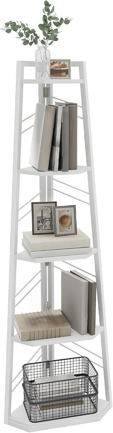 5-Tier White Corner Bookshelf Industrial Ladder Shelf Tall Display Storage Unit