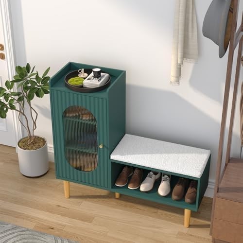 L-Shaped Shoe Storage Bench with Cushion Glass Doors 100×30×92 cm Green