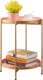 Small Round Metal Side Table 2-Tier Coffee Table Removable Tray Green