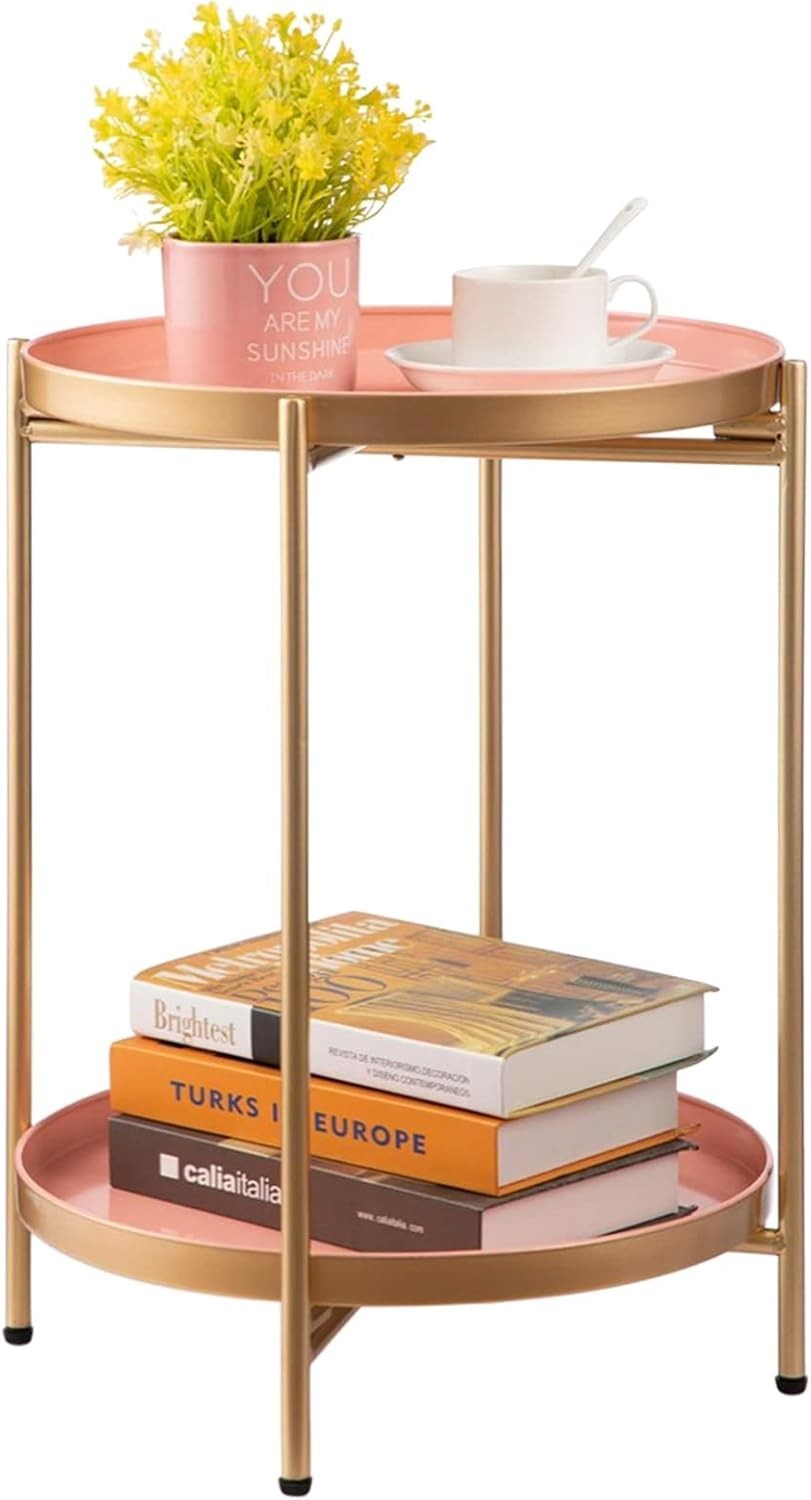 Small Round Metal Side Table 2-Tier Coffee Table Removable Tray Green
