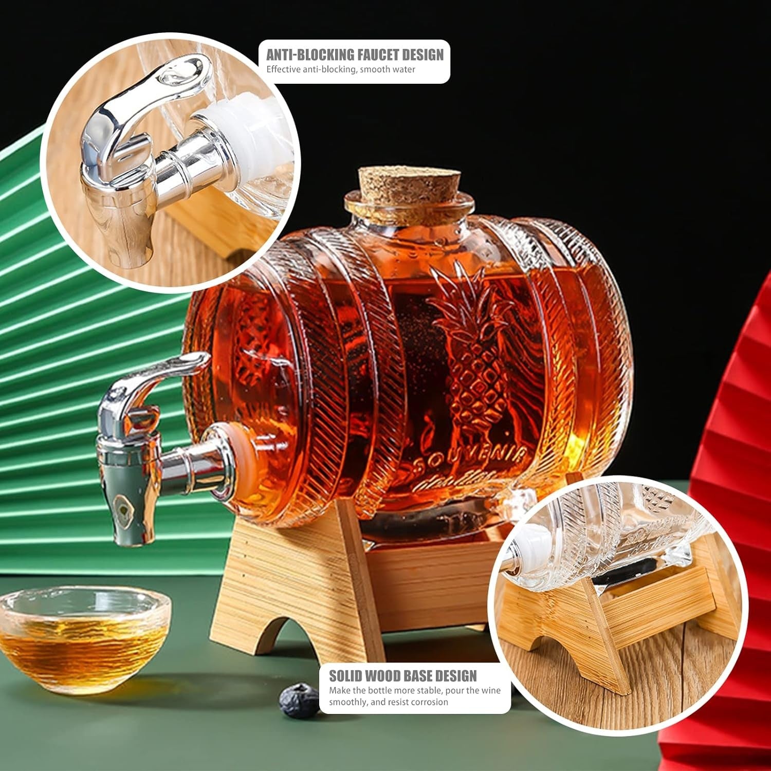 Luxury 1L Barrel Glass Drink Dispenser with Tap & Wooden Stand | Whiskey Beer Ju