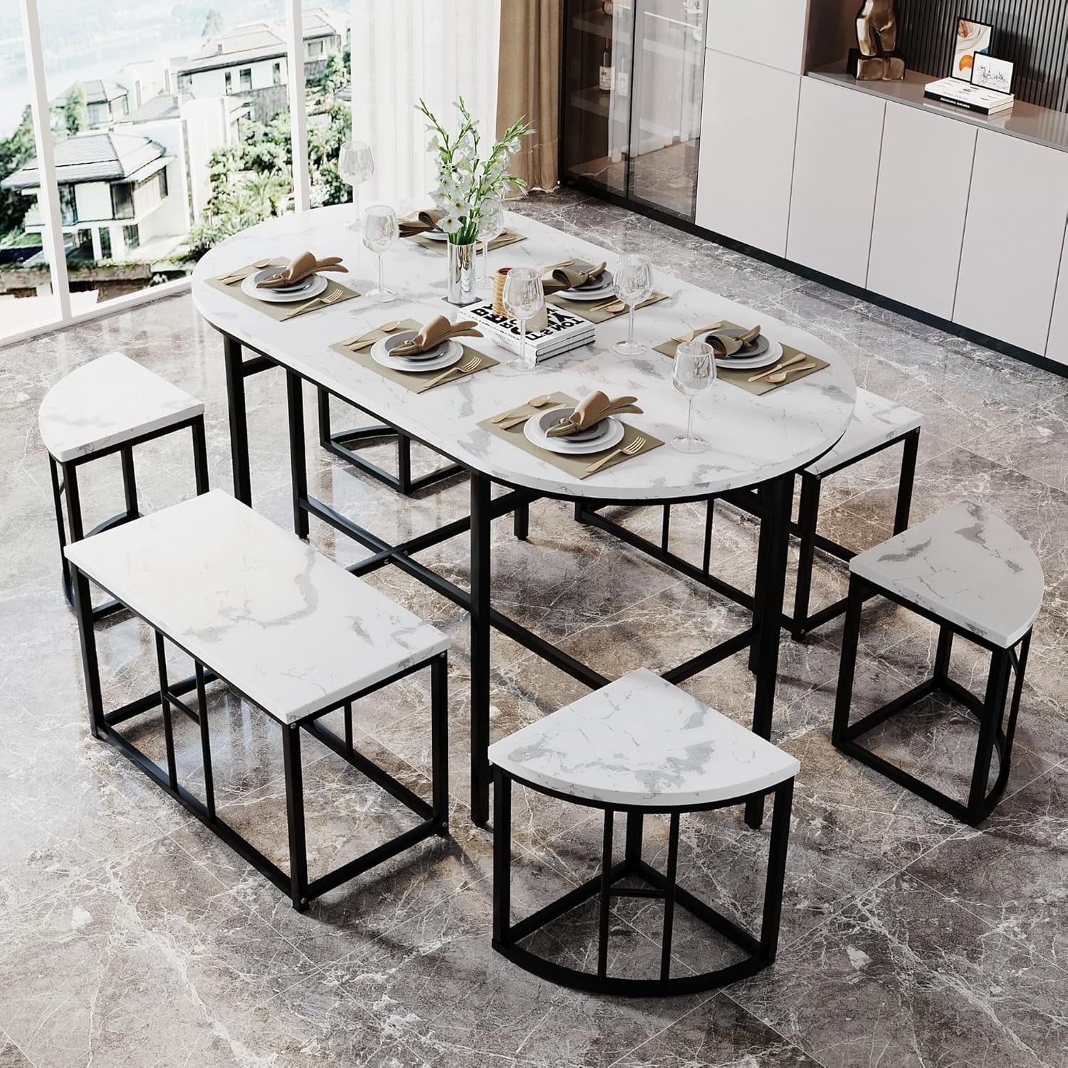 Modern 6-Seater Dining Table Set with Marble Effect Top & Cushioned Chairs