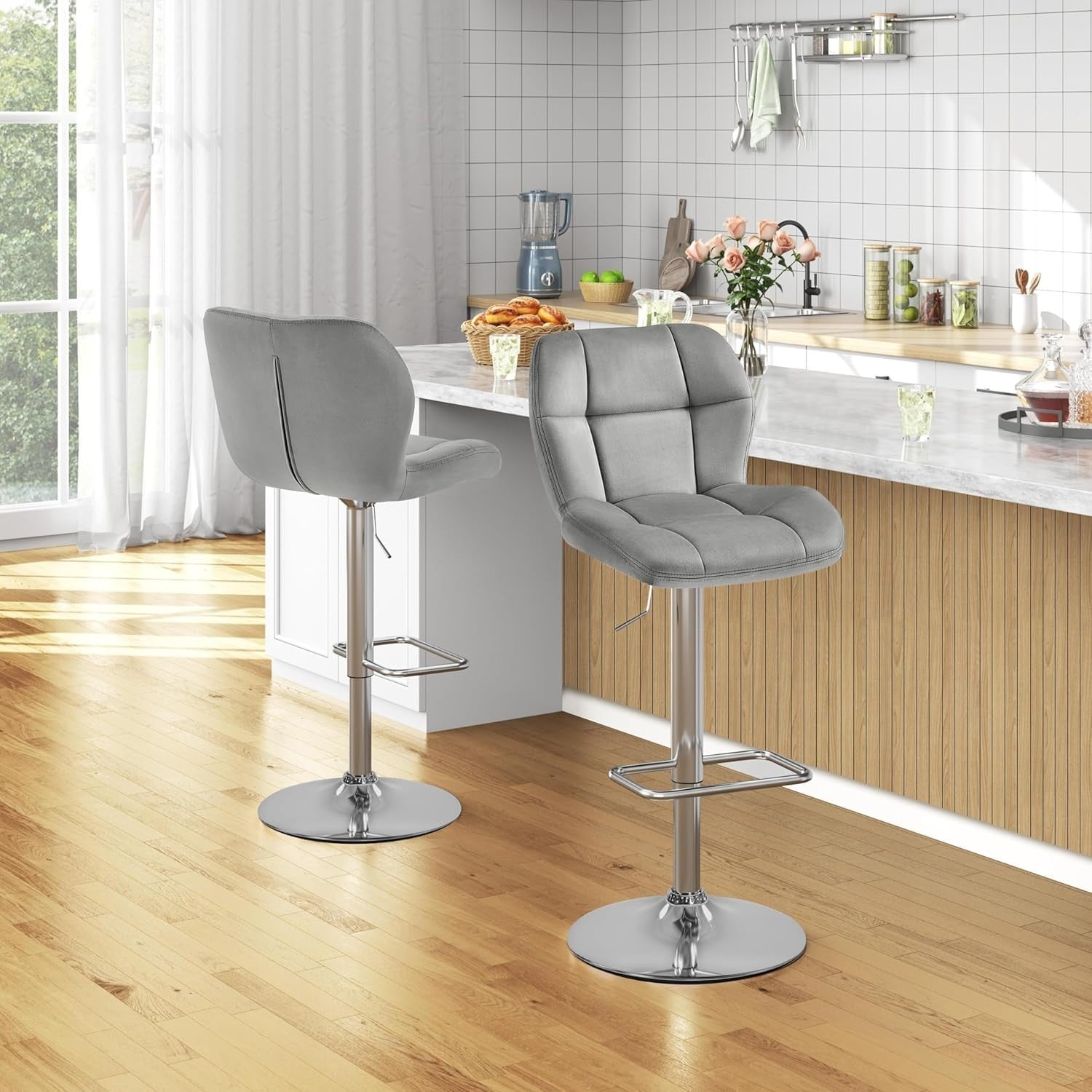 Adjustable Velvet Bar Stools Set of 4 – Swivel Counter Chairs, Modern